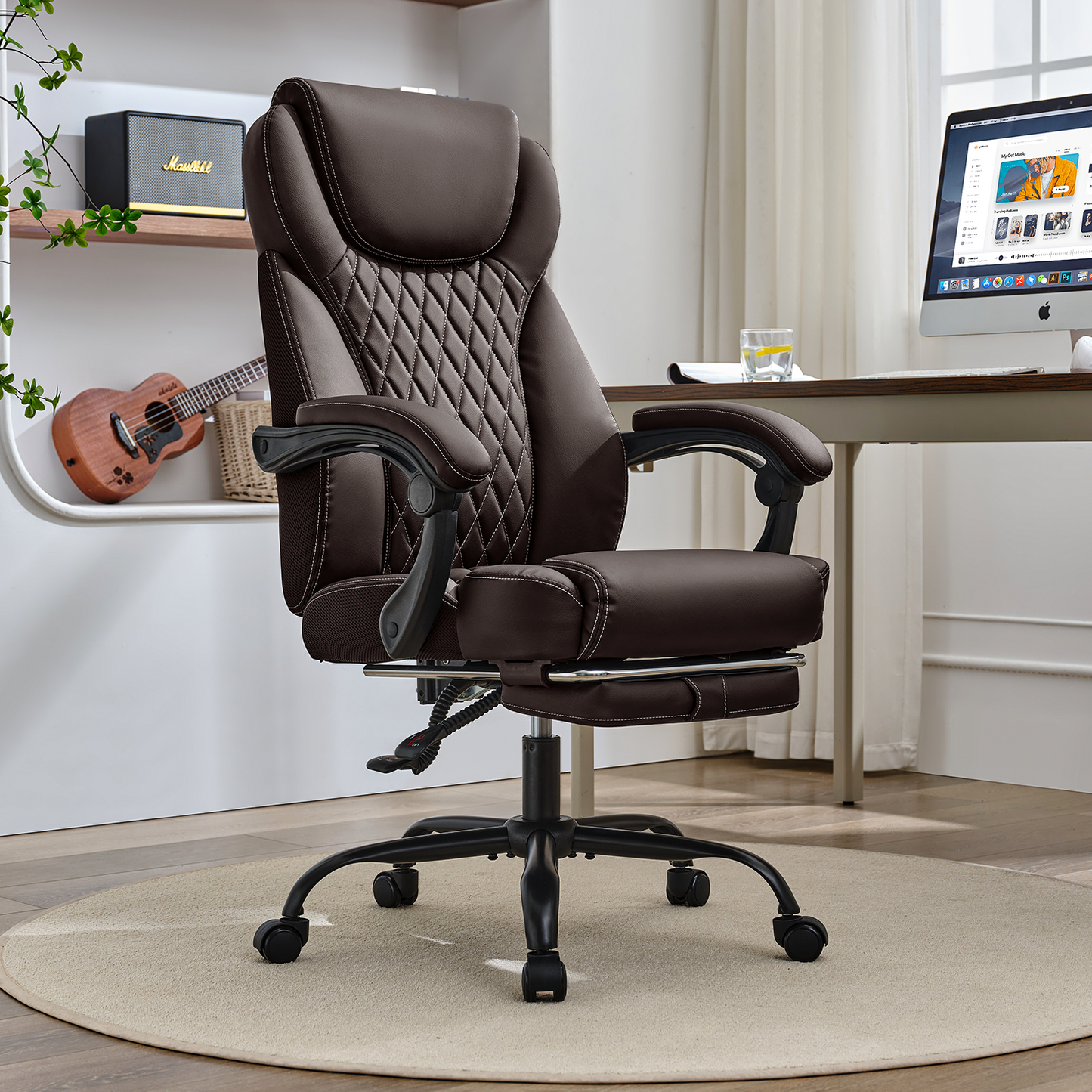TMV 10-Position Adjustable Office Chair, Reclining Work Chair with Lumbar Support with Desk Foot Rest,Brown