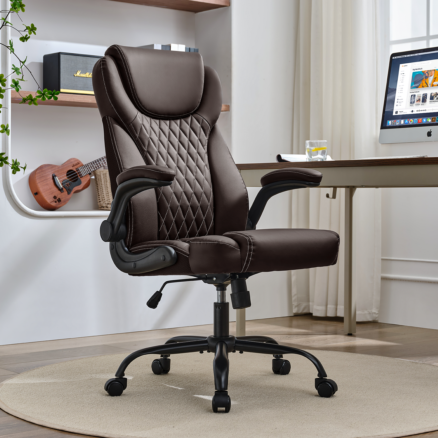TMV 10-Position Adjustable Office Chair,Reclining Work Chair with Lumbar Support, Brown