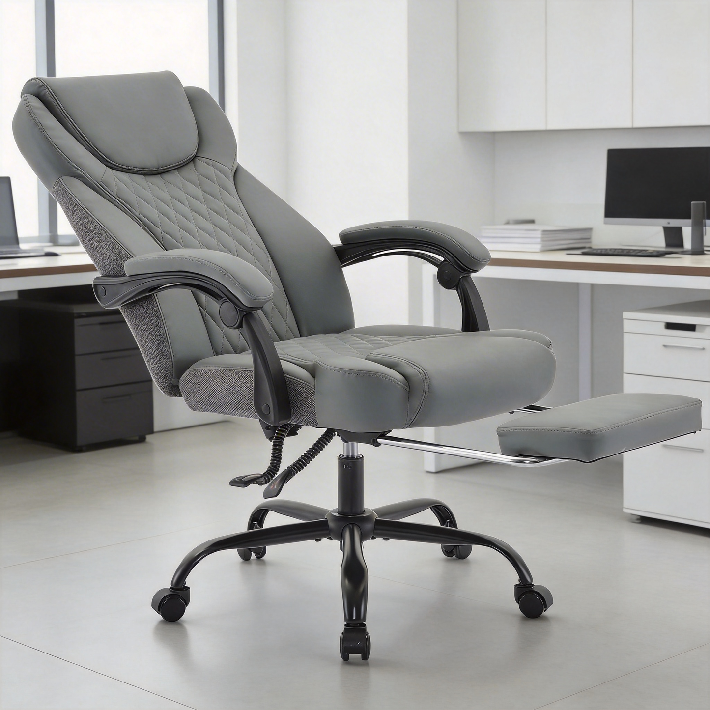 TMV 10-Position Adjustable Office Chair, Reclining Work Chair with Lumbar Support with Desk Foot Rest, Grey