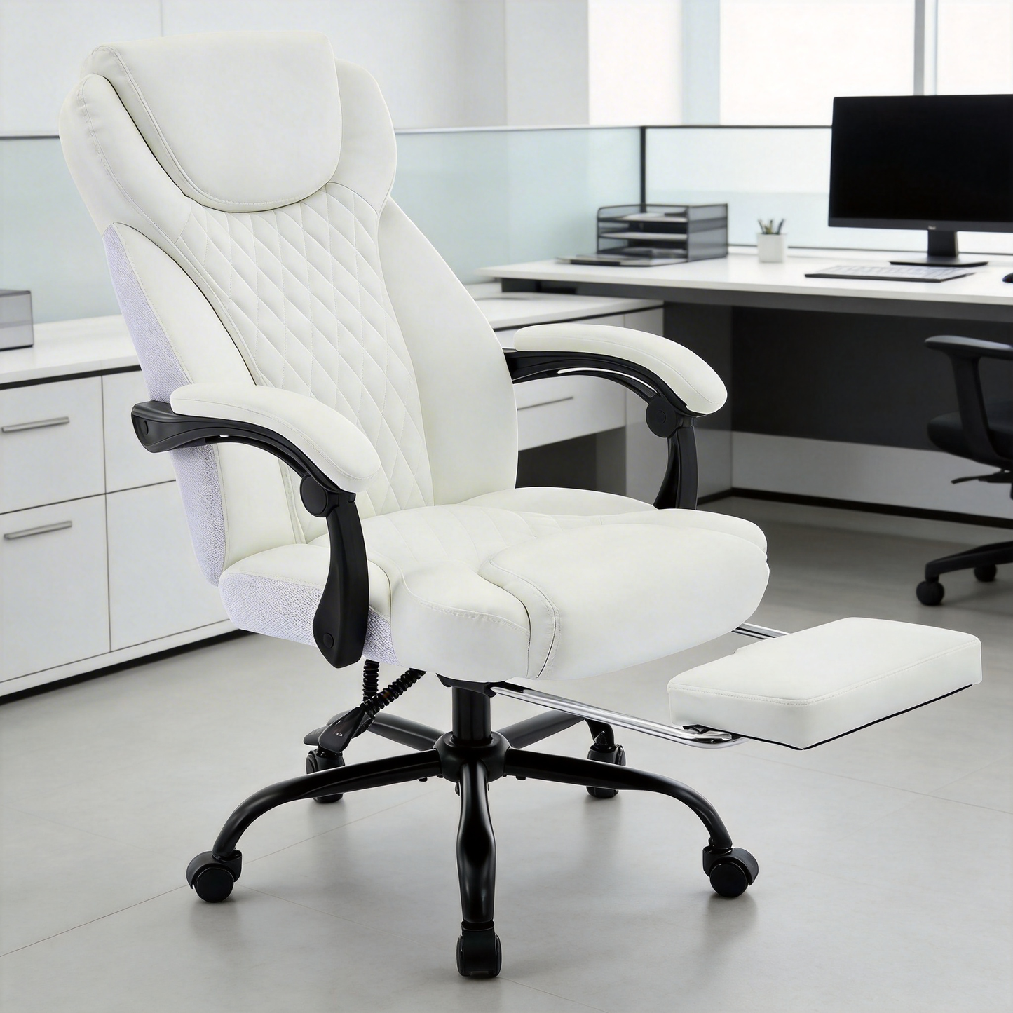 TMV 10-Position Adjustable Office Chair, Reclining Work Chair with Lumbar Support with Desk Foot Rest, White