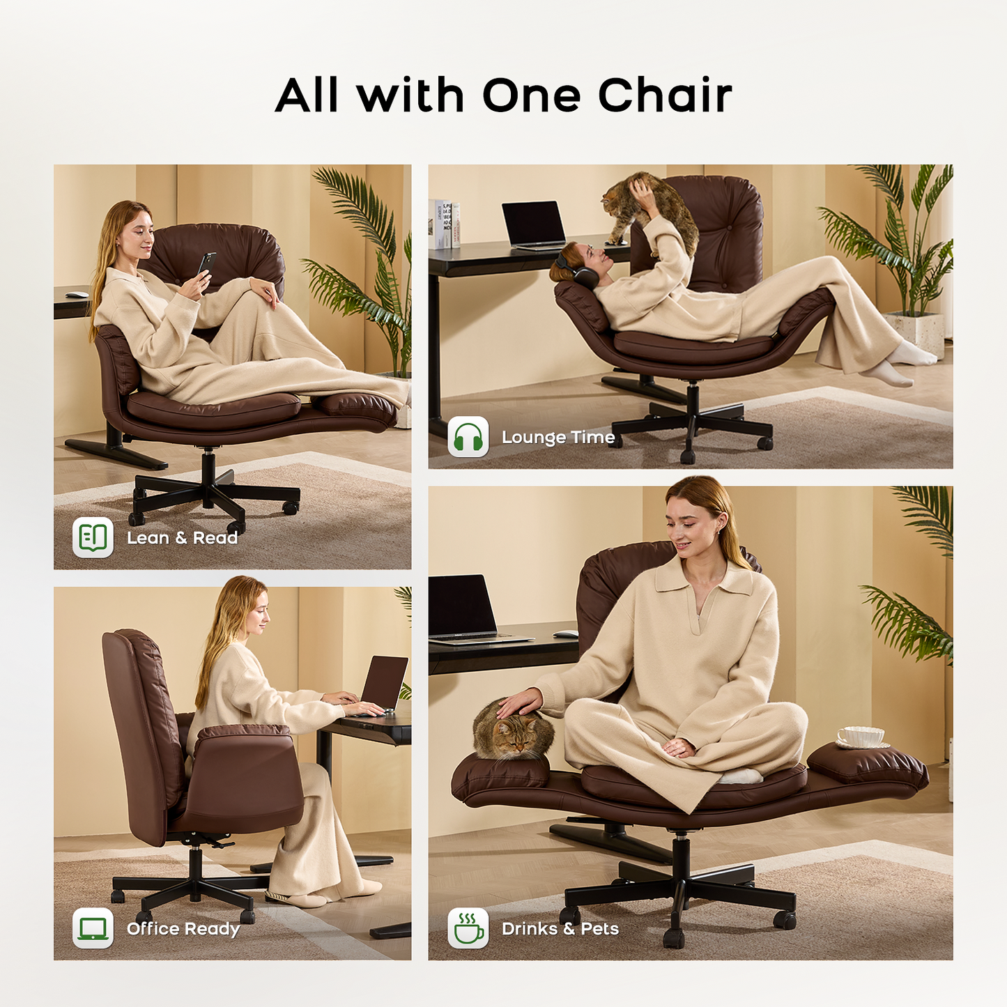 TMV Vanity Chair with Foldable Arms, Criss Cross Design Office Desk Chair - Standard Size Swivel Computer Chair with Wheels,Brown