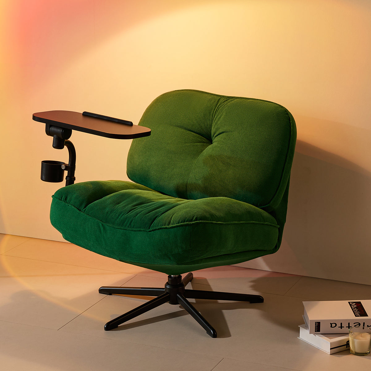 TMV Swivel Accent Chair Living Room Chairs with Tray Table and Cup Holder – Wide Seat,360°Swivel,Reading Chair,Corduroy Chaise Lounge Chair Indoor,Green