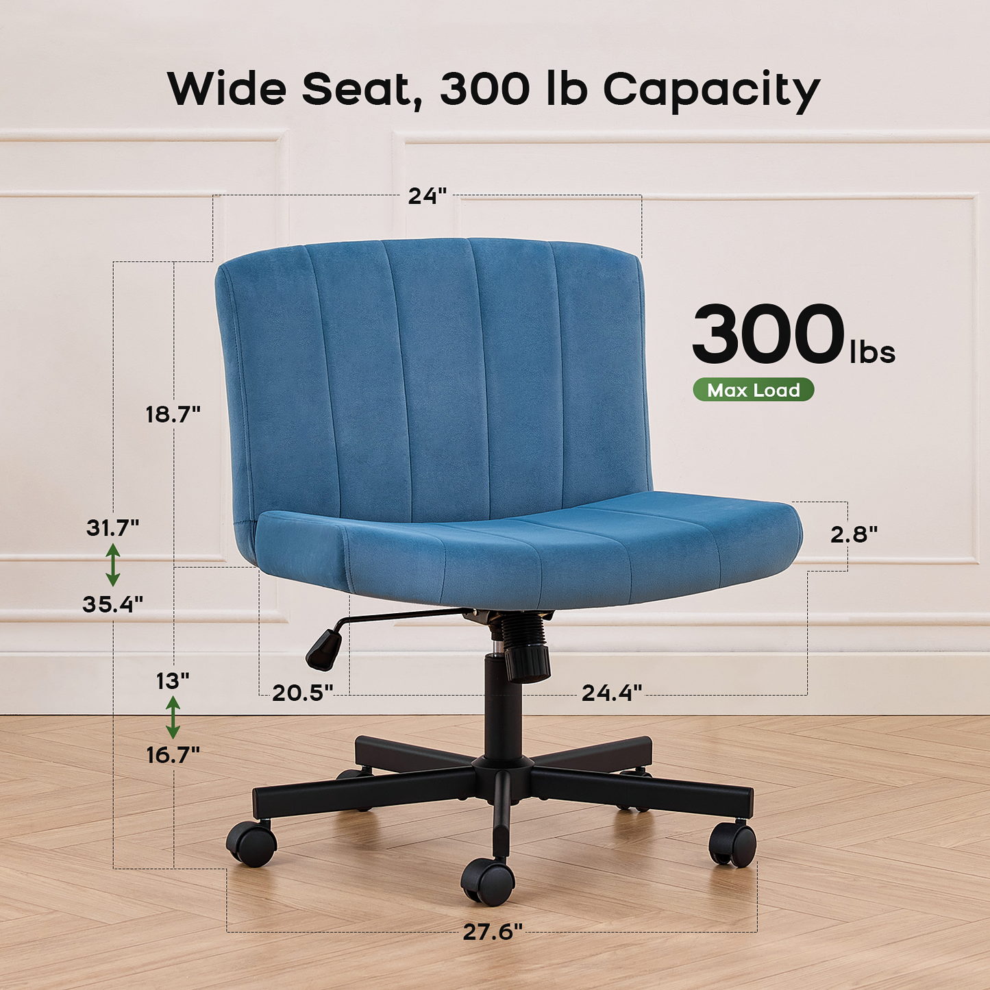 TMV Criss Cross Chair–Armless Office Chair, Fabric Padded Vanity Chair Computer Chair with Wheels, Wide Seat Swivel Desk Chair for Home Office,Navy Blue