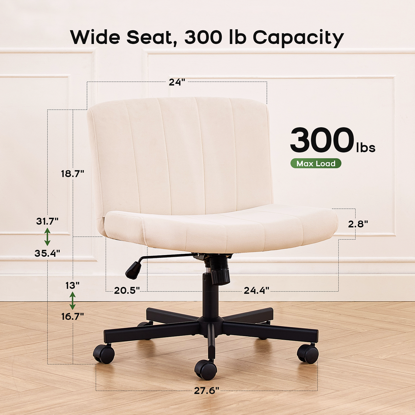 TMV Criss Cross Chair–Armless Office Chair, Fabric Padded Vanity Chair Computer Chair with Wheels, Wide Seat Swivel Desk Chair for Home Office,Cream