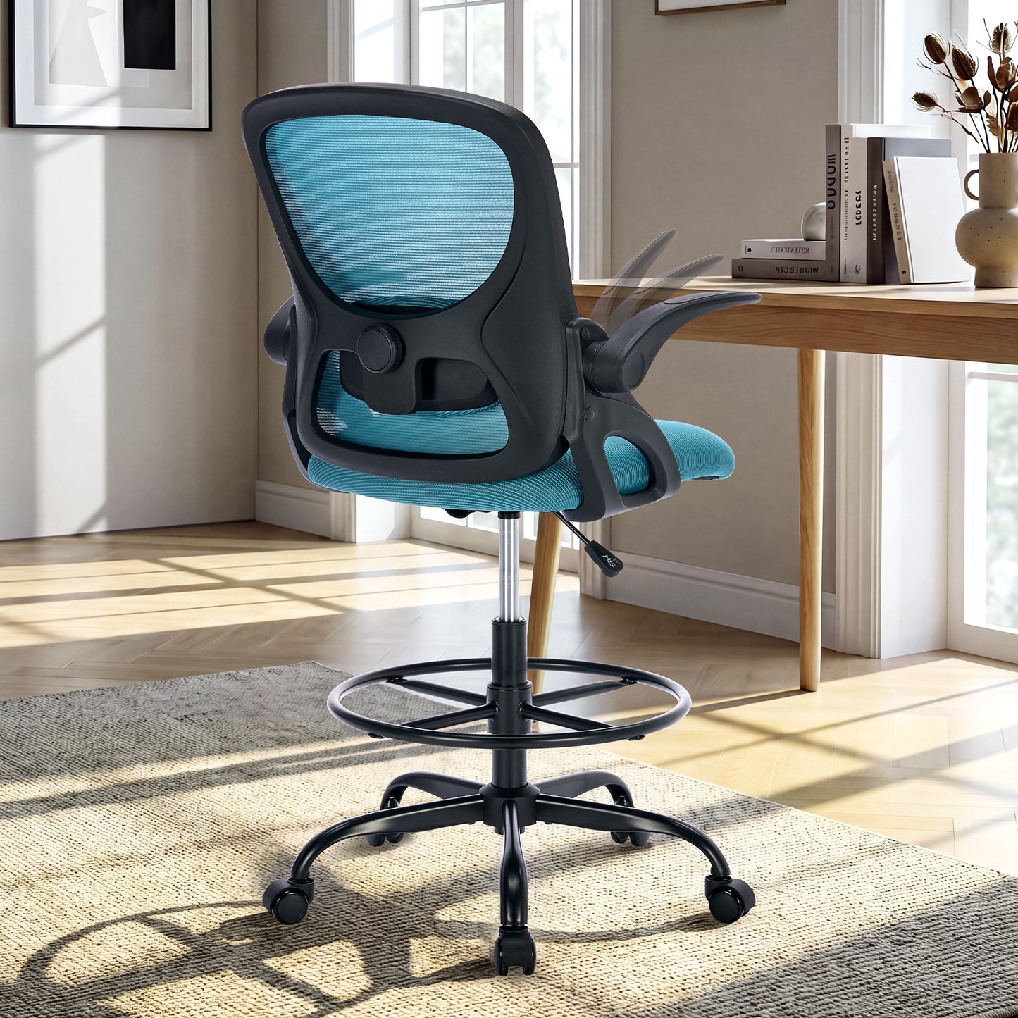 TMV Drafting Chairs Adjustable Height Desk Chair, Ergonomic Office Chair with Foot Rest, Computer Chair,Black-Blue