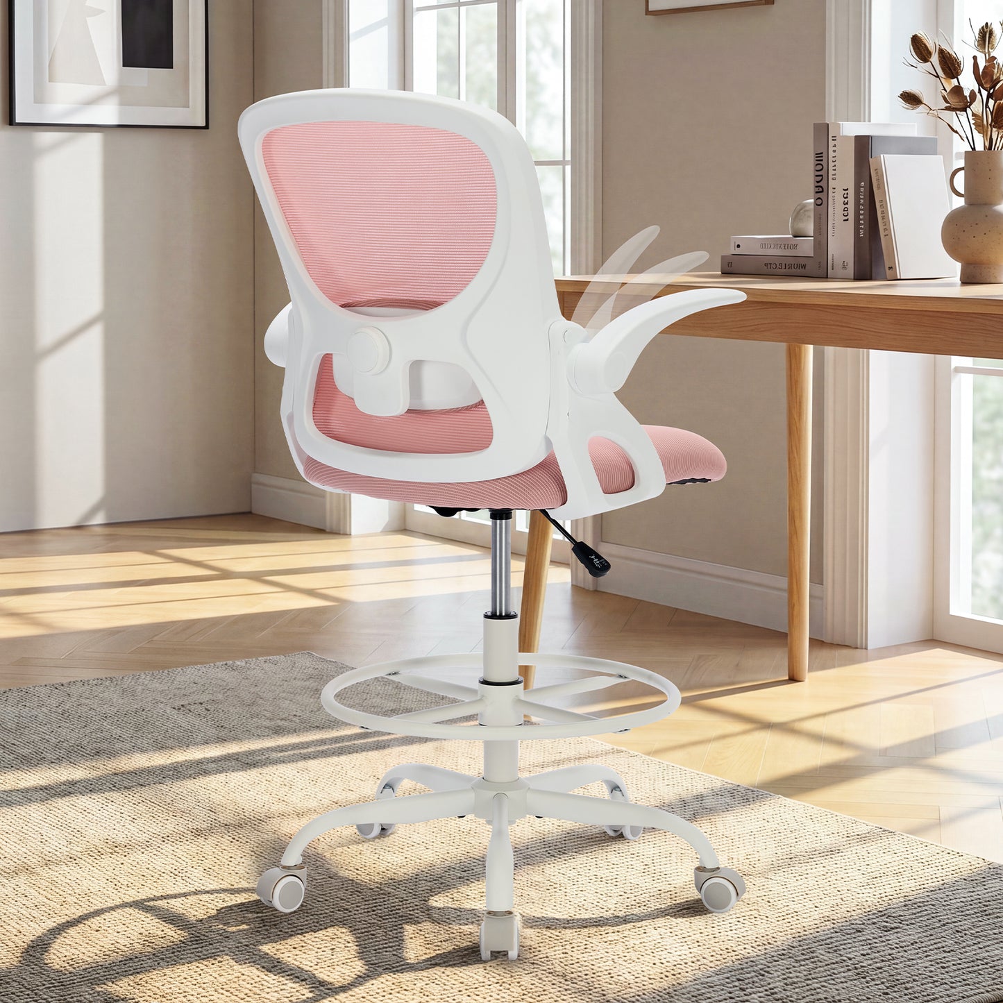 TMV Drafting Chairs Adjustable Height Desk Chair, Ergonomic Office Chair with Foot Rest, Computer Chair,White-Pink