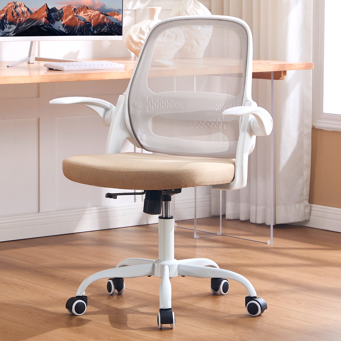 TMV Ergonomic Office Chair, Mesh Computer Chair with Wide Seat & Arms - Rolling Desk Chair, Beige