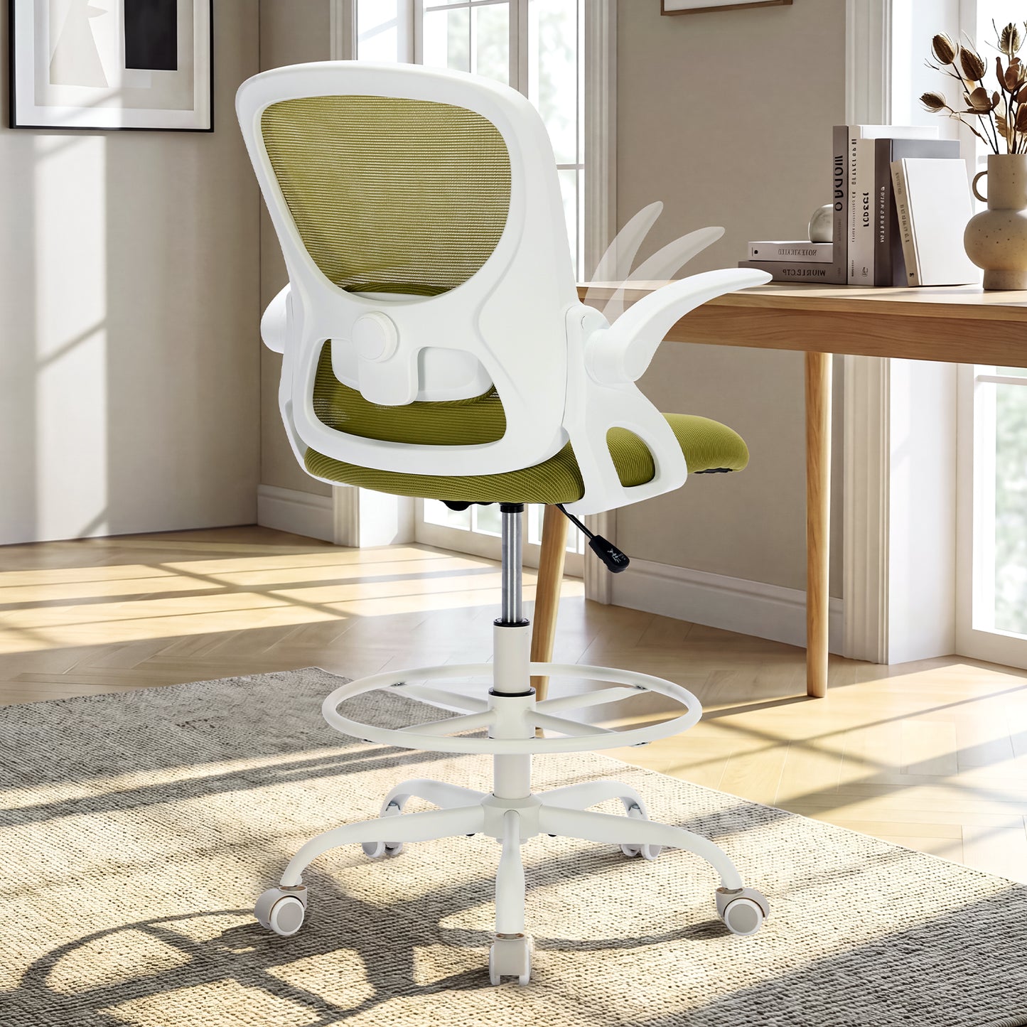 TMV Drafting Chairs Adjustable Height Desk Chair, Ergonomic Office Chair with Foot Rest, Computer Chair,White-Green