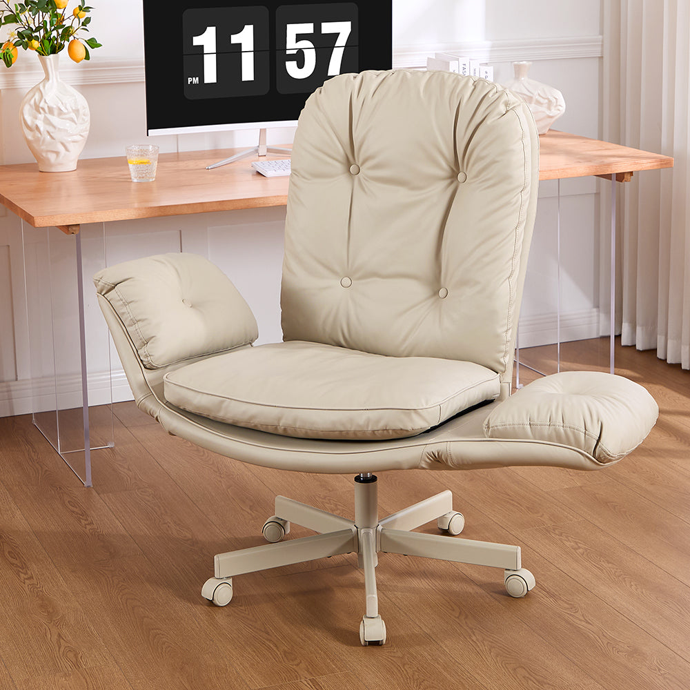 TMV Vanity Chair Oversized, Criss Cross Design Office Desk Chair - Big & Tall Computer Chair with Foldable Arms, Swivel and Wheels,Cream