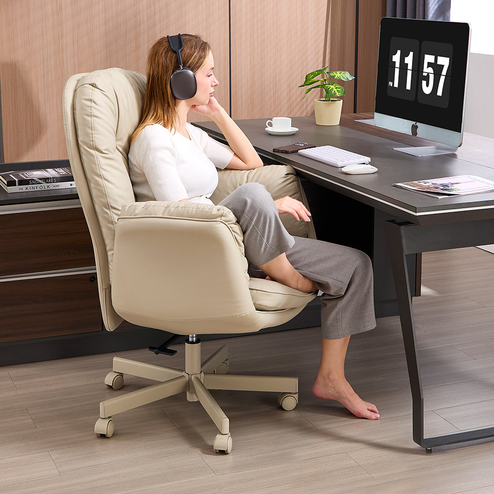 TMV Vanity Chair Oversized, Criss Cross Design Office Desk Chair - Big & Tall Computer Chair with Foldable Arms, Swivel and Wheels,Cream