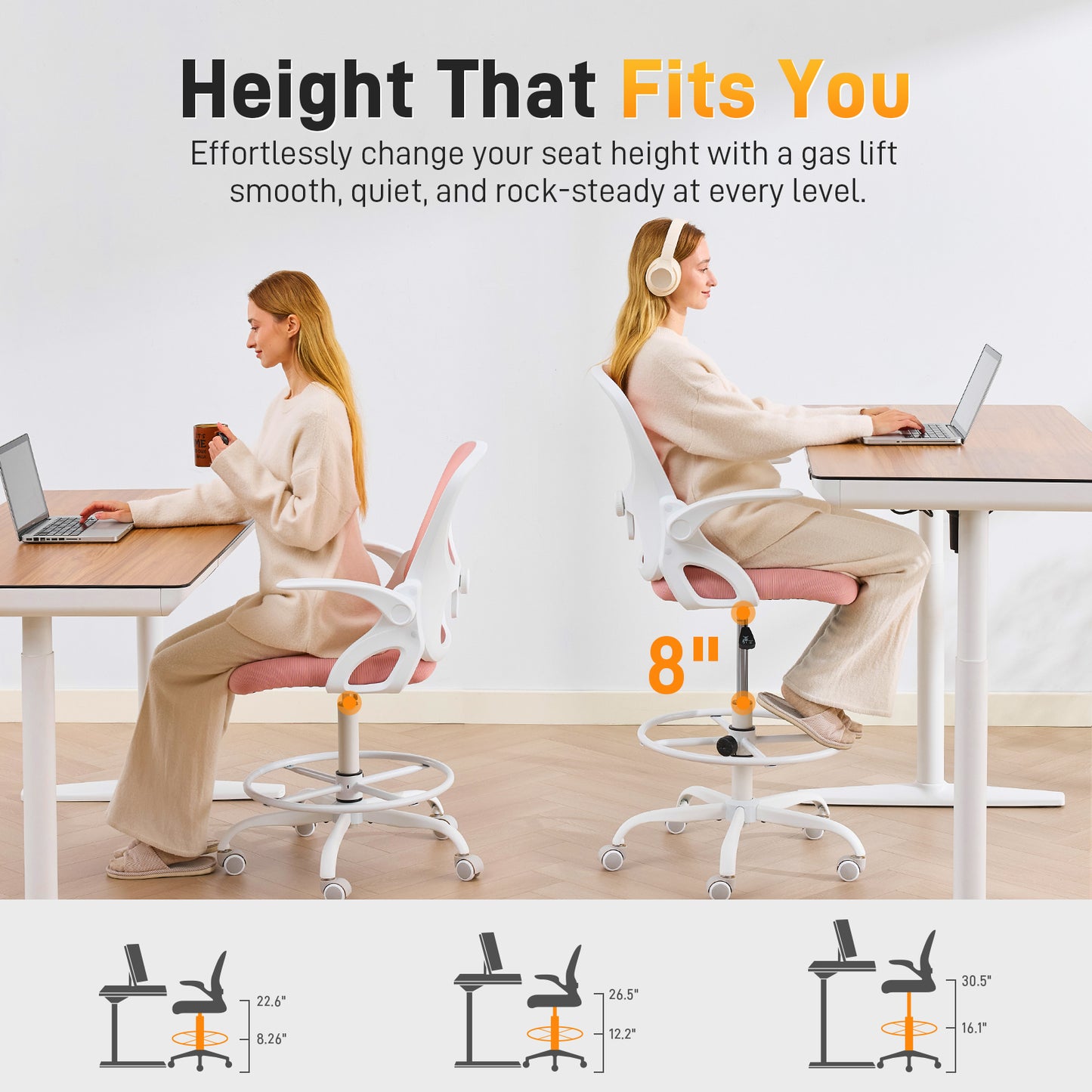 TMV Drafting Chairs Adjustable Height Desk Chair, Ergonomic Office Chair with Foot Rest, Computer Chair,White-Pink