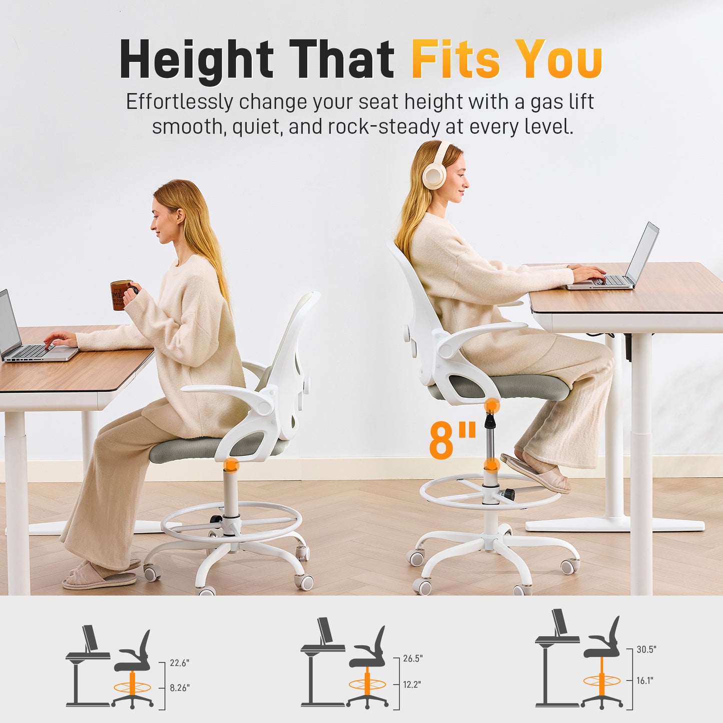 TMV Drafting Chairs Adjustable Height Desk Chair, Ergonomic Office Chair with Foot Rest, Computer Chair,White-Gray