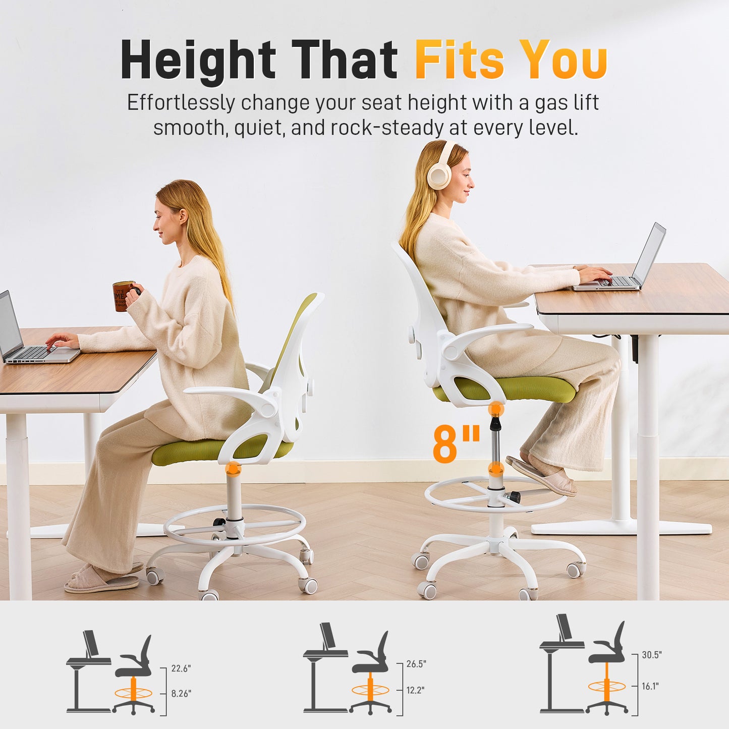 TMV Drafting Chairs Adjustable Height Desk Chair, Ergonomic Office Chair with Foot Rest, Computer Chair,White-Green