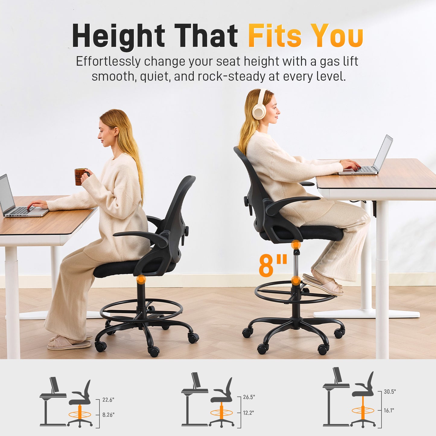 TMV Drafting Chairs Adjustable Height Desk Chair, Ergonomic Office Chair with Foot Rest, Computer Chair,Black-Black