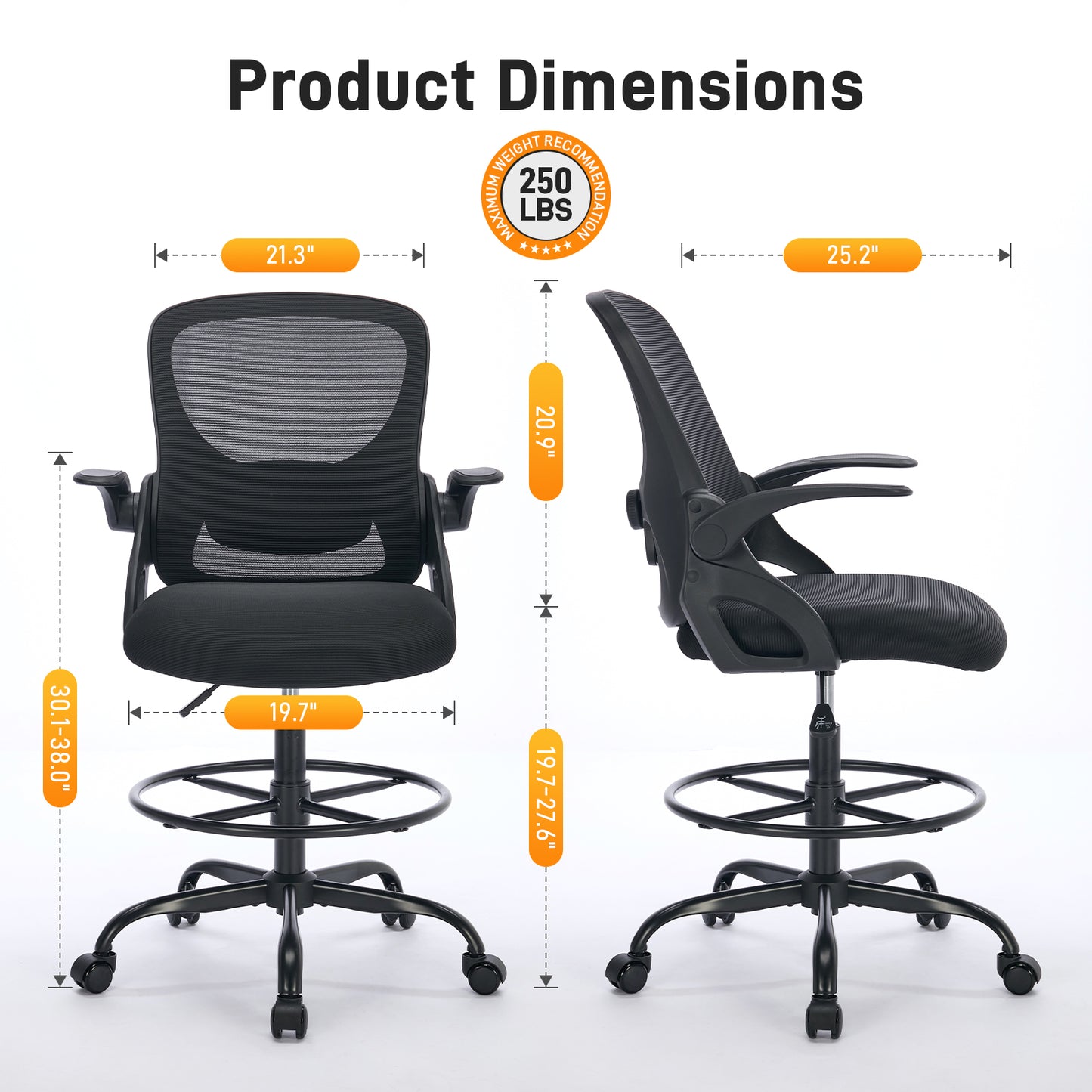 TMV Drafting Chairs Adjustable Height Desk Chair, Ergonomic Office Chair with Foot Rest, Computer Chair,Black-Black