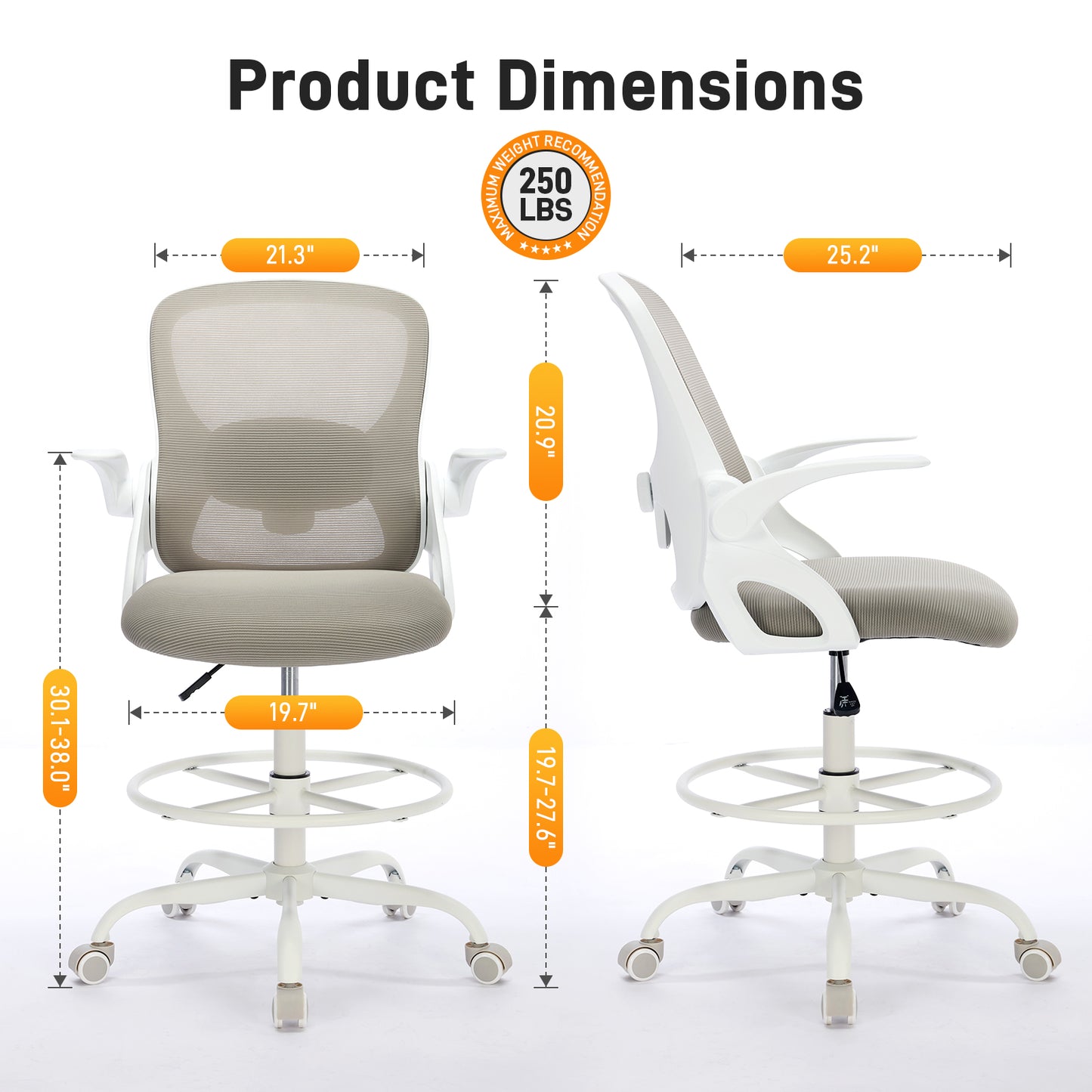 TMV Drafting Chairs Adjustable Height Desk Chair, Ergonomic Office Chair with Foot Rest, Computer Chair,White-Gray
