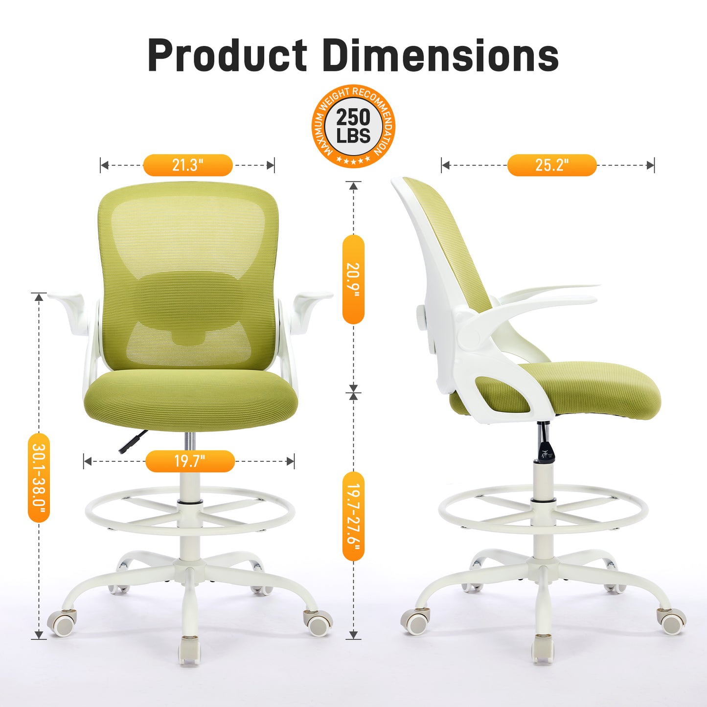 TMV Drafting Chairs Adjustable Height Desk Chair, Ergonomic Office Chair with Foot Rest, Computer Chair,White-Green