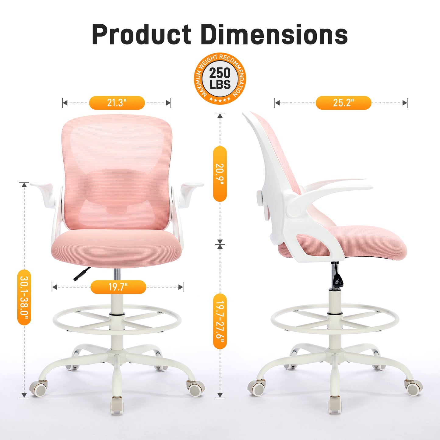 TMV Drafting Chairs Adjustable Height Desk Chair, Ergonomic Office Chair with Foot Rest, Computer Chair,White-Pink