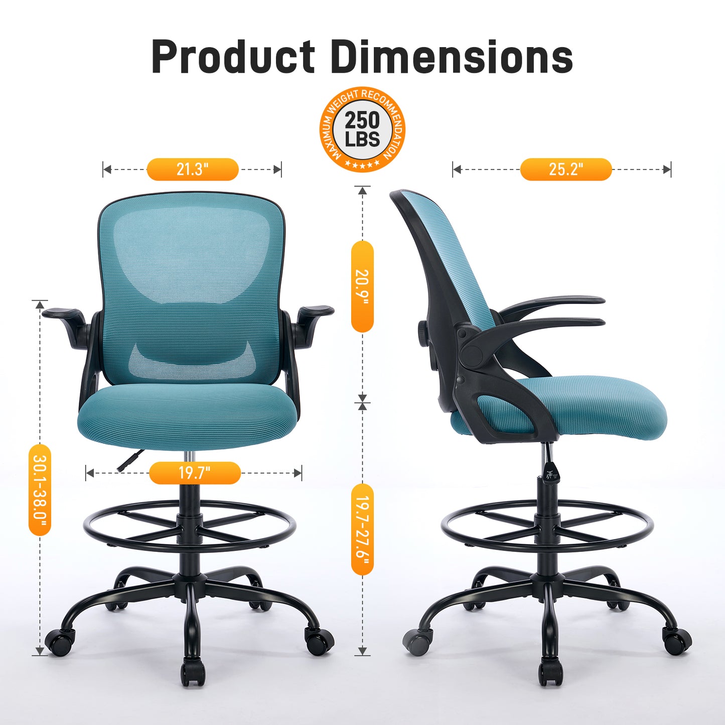 TMV Drafting Chairs Adjustable Height Desk Chair, Ergonomic Office Chair with Foot Rest, Computer Chair,Black-Blue