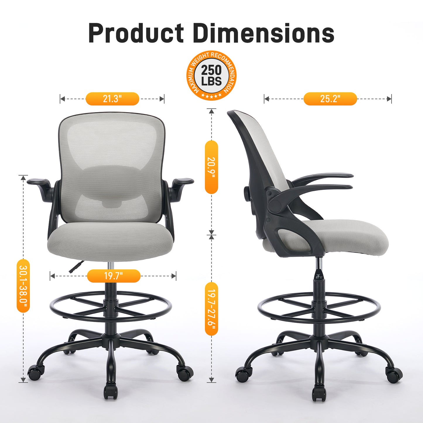 TMV Drafting Chairs Adjustable Height Desk Chair, Ergonomic Office Chair with Foot Rest, Computer Chair,Black-Gray
