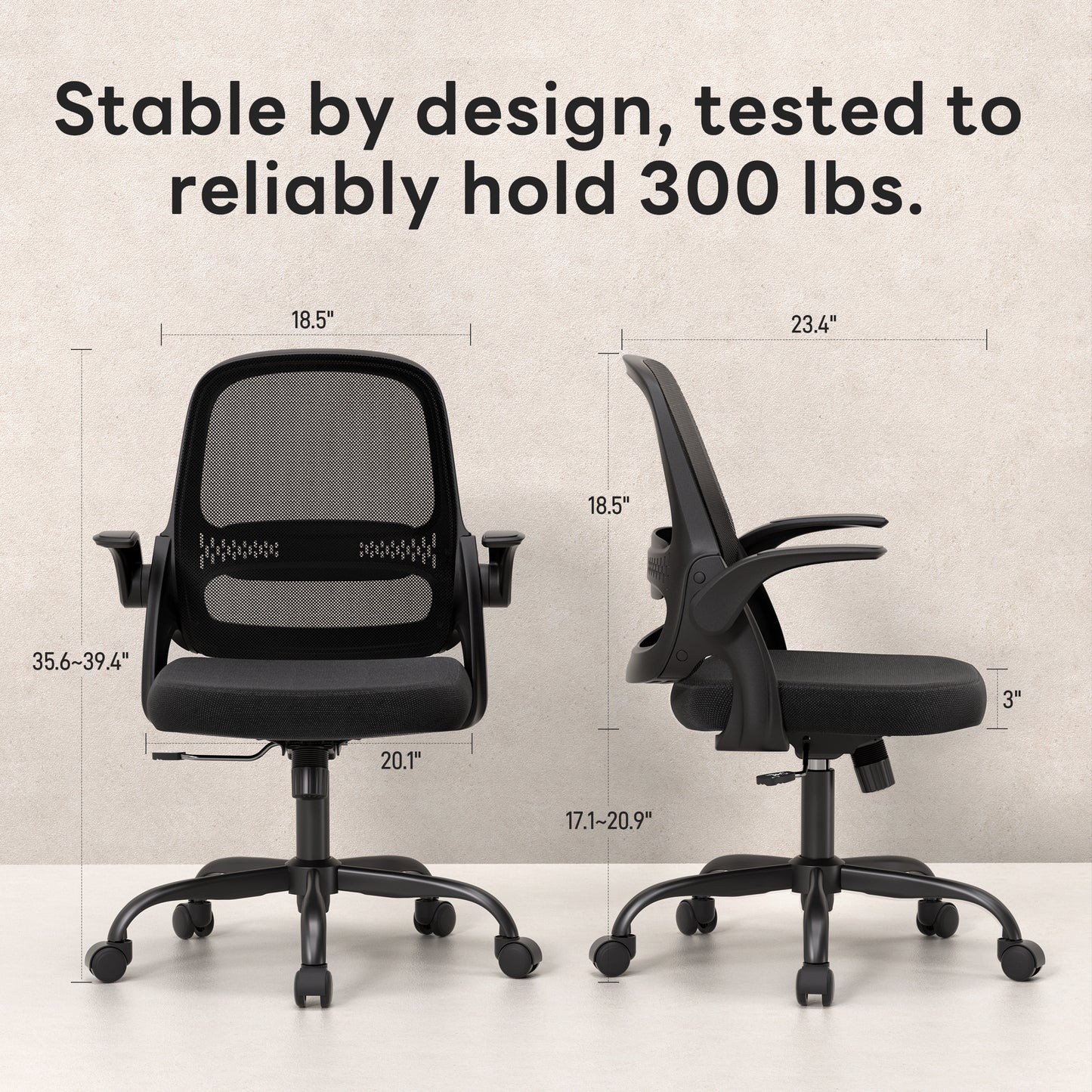 TMV Ergonomic Office Chair, Mesh Computer Chair with Wide Seat & Arms - Rolling Desk Chair, Black