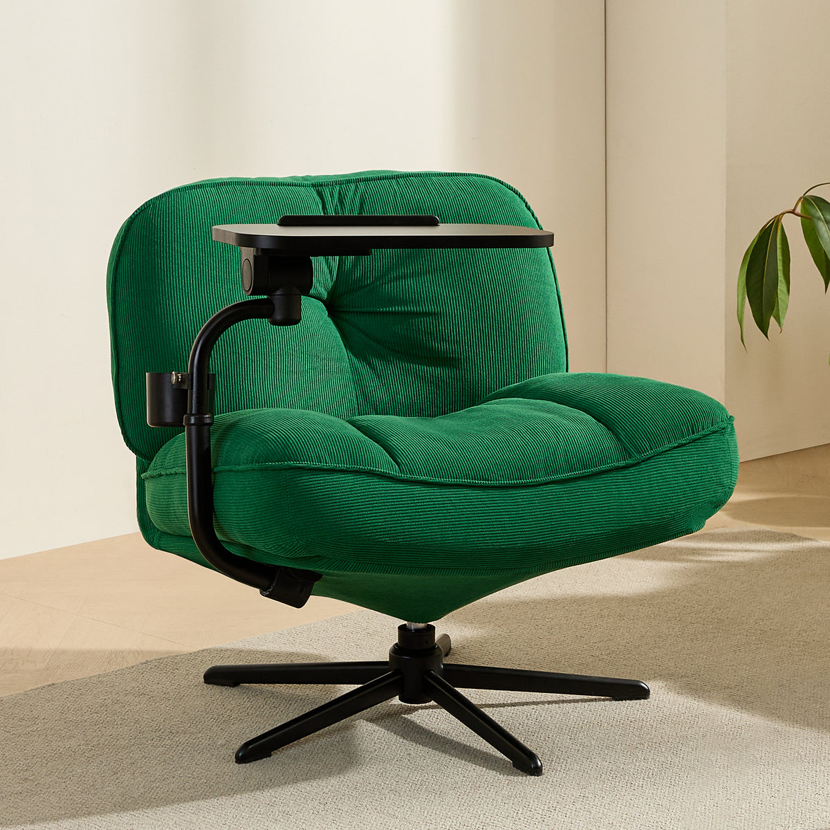 TMV Swivel Accent Chair Living Room Chairs with Tray Table and Cup Holder – Wide Seat,360°Swivel,Reading Chair,Corduroy Chaise Lounge Chair Indoor,Green