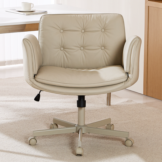 TMV Vanity Chair Oversized, Criss Cross Design Office Desk Chair - Big & Tall Computer Chair with Foldable Arms, Swivel and Wheels,Cream