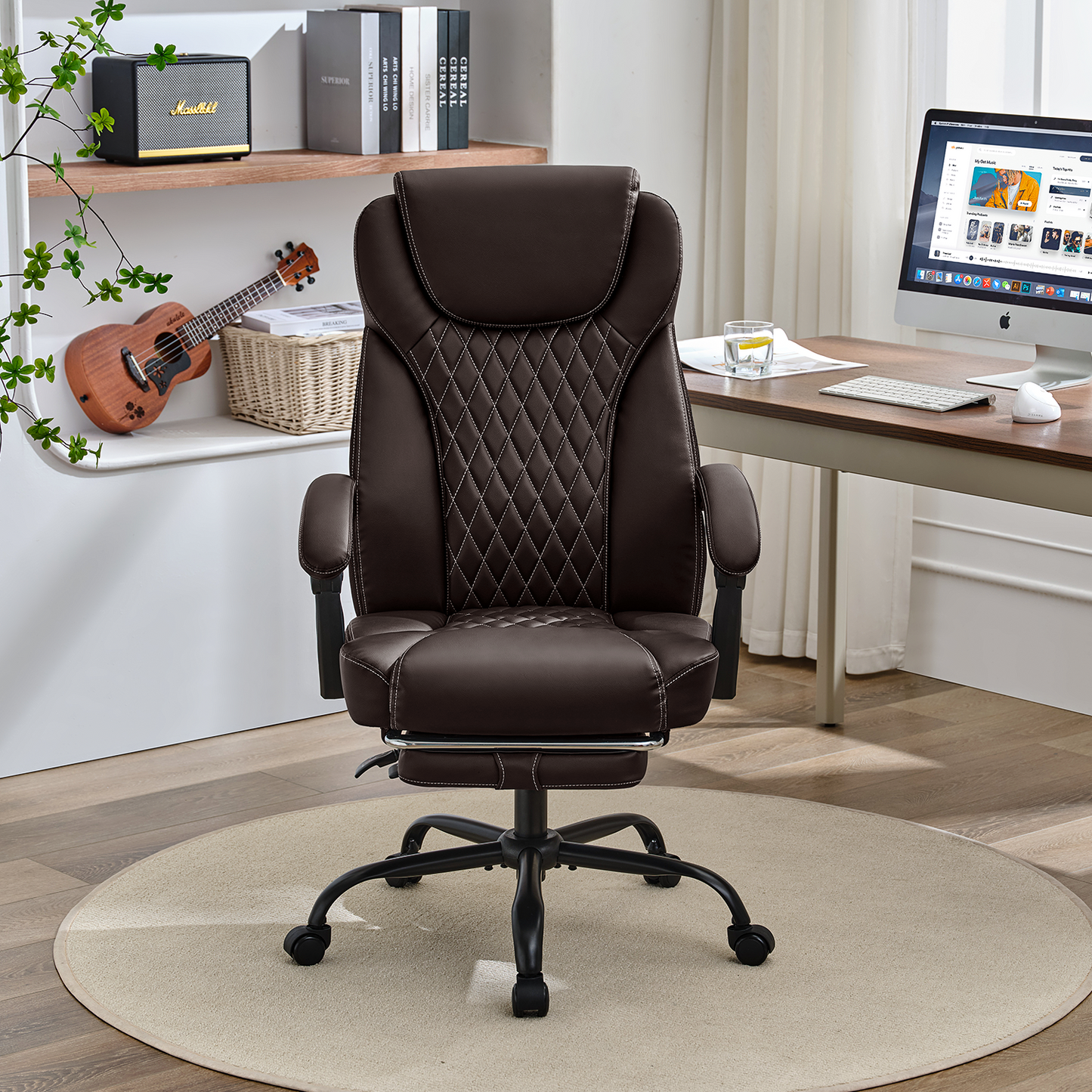 TMV 10-Position Adjustable Office Chair, Reclining Work Chair with Lumbar Support with Desk Foot Rest，Brown