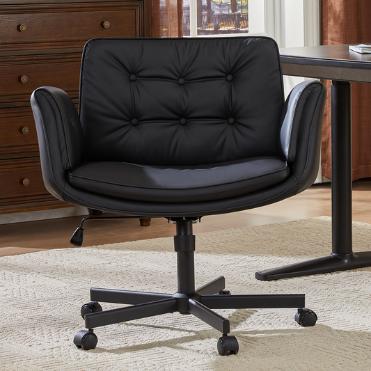 TMV Vanity Chair Oversized, Criss Cross Design Office Desk Chair - Big & Tall Computer Chair with Foldable Arms, Swivel and Wheels,Black