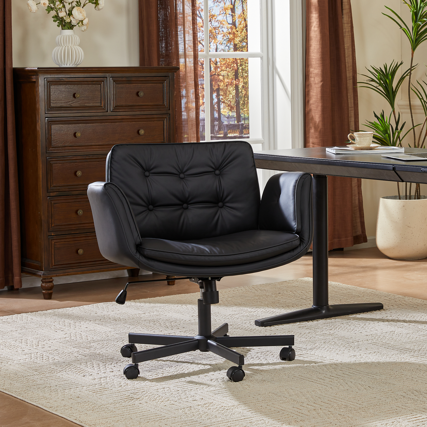 TMV Vanity Chair Oversized, Criss Cross Design Office Desk Chair - Big & Tall Computer Chair with Foldable Arms, Swivel and Wheels,Black