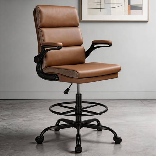 TMV Executive Leather Office Chair with Retractable Footrest - Ergonomic Reclining Desk Chair for Executive Desk, Vanity Desk & Home Office,Tan