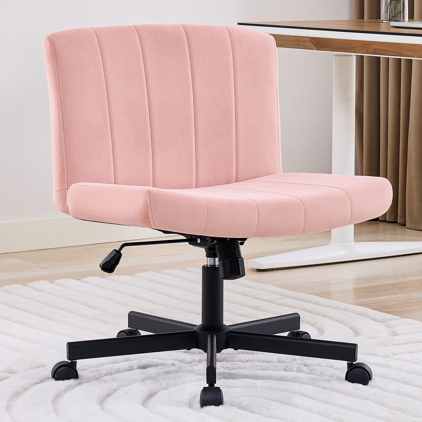 TMV Criss Cross Chair–Armless Office Chair, Fabric Padded Vanity Chair Computer Chair with Wheels, Wide Seat Swivel Desk Chair for Home Office，Pink