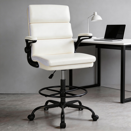 TMV Executive Leather Office Chair with Retractable Footrest - Ergonomic Reclining Desk Chair for Executive Desk, Vanity Desk & Home Office,White