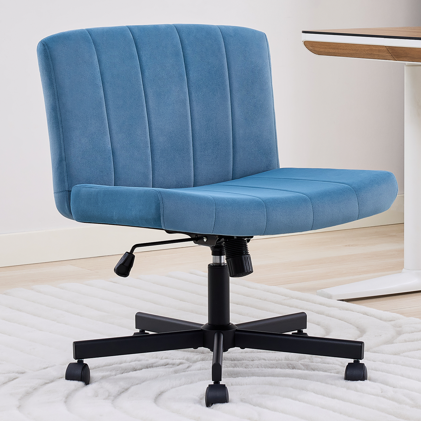 TMV Criss Cross Chair–Armless Office Chair, Fabric Padded Vanity Chair Computer Chair with Wheels, Wide Seat Swivel Desk Chair for Home Office，Navy Blue