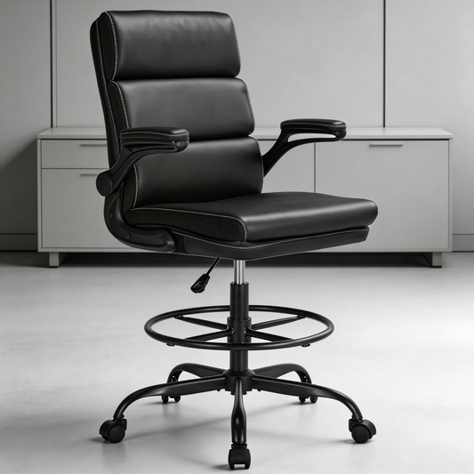 TMV Executive Leather Office Chair with Retractable Footrest - Ergonomic Reclining Desk Chair for Executive Desk, Vanity Desk & Home Office,Black