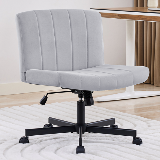 TMV Criss Cross Chair–Armless Office Chair, Fabric Padded Vanity Chair Computer Chair with Wheels, Wide Seat Swivel Desk Chair for Home Office,Gray
