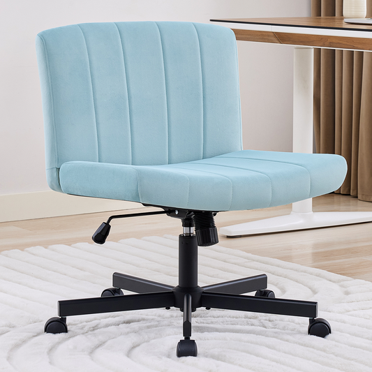 TMV Criss Cross Chair–Armless Office Chair, Fabric Padded Vanity Chair Computer Chair with Wheels, Wide Seat Swivel Desk Chair for Home Office，Pale Blue