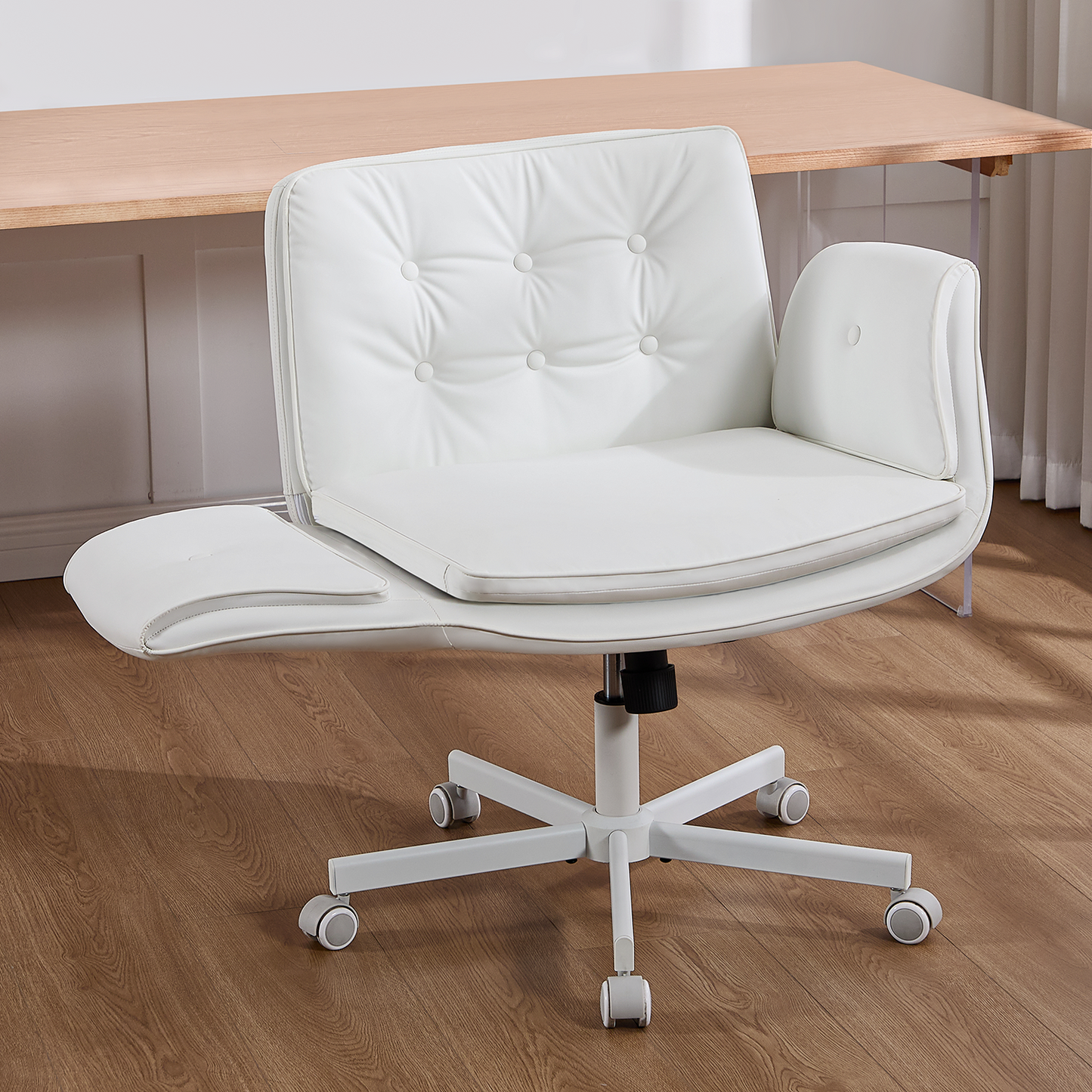 TMV Vanity Chair Oversized, Criss Cross Design Office Desk Chair - Big & Tall Computer Chair with Foldable Arms, Swivel and Wheels,White