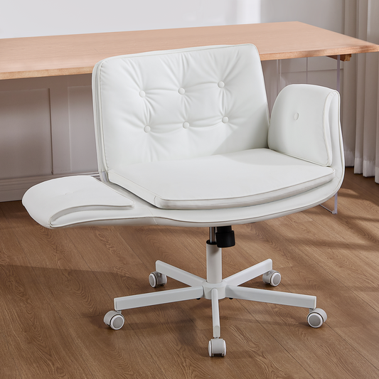 TMV Vanity Chair Oversized, Criss Cross Design Office Desk Chair - Big & Tall Computer Chair with Foldable Arms, Swivel and Wheels,White