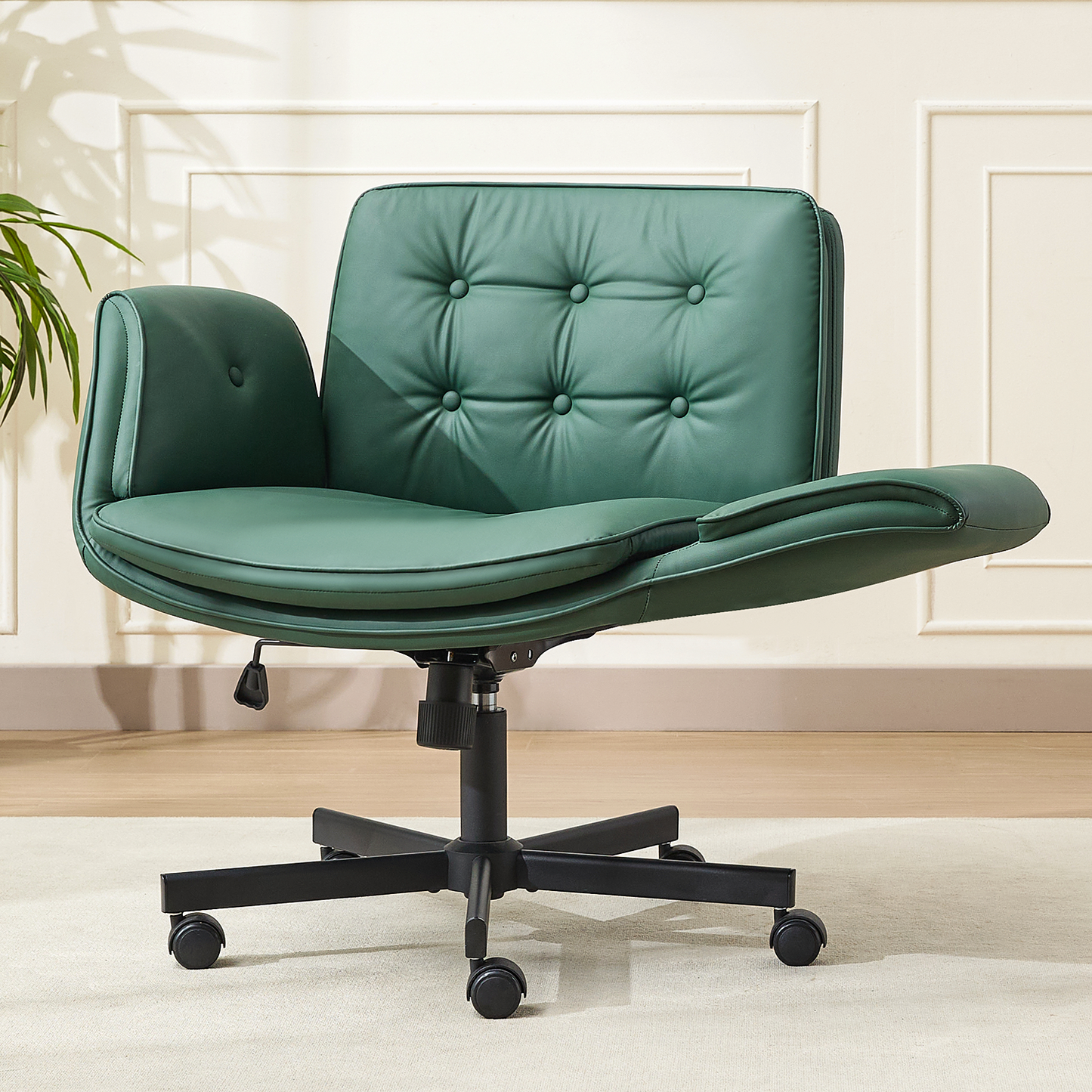 TMV Vanity Chair Oversized, Criss Cross Design Office Desk Chair - Big & Tall Computer Chair with Foldable Arms, Swivel and Wheels,Green