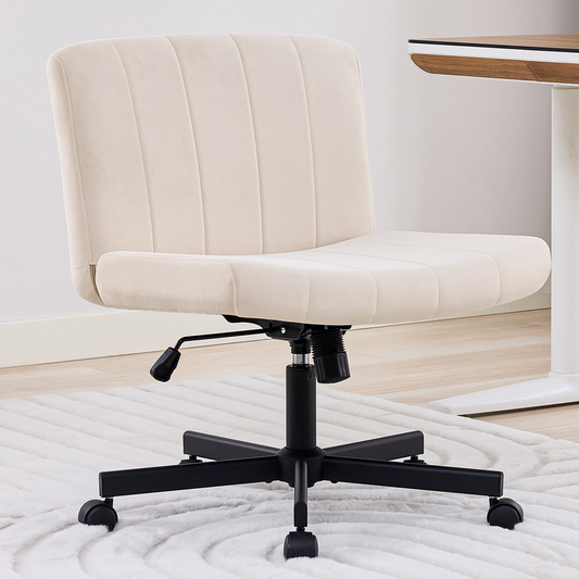 TMV Criss Cross Chair–Armless Office Chair, Fabric Padded Vanity Chair Computer Chair with Wheels, Wide Seat Swivel Desk Chair for Home Office，Cream
