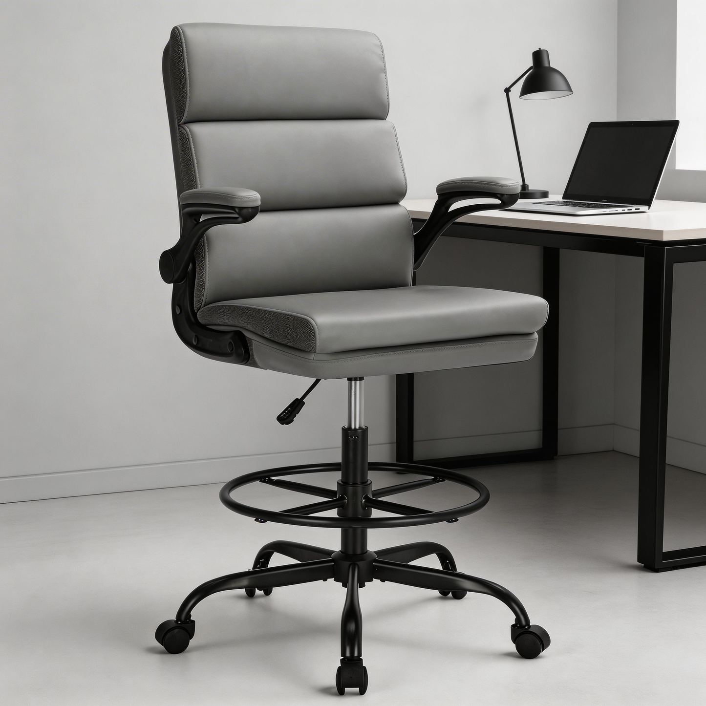 TMV Executive Leather Office Chair with Retractable Footrest - Ergonomic Reclining Desk Chair for Executive Desk, Vanity Desk & Home Office,Grey