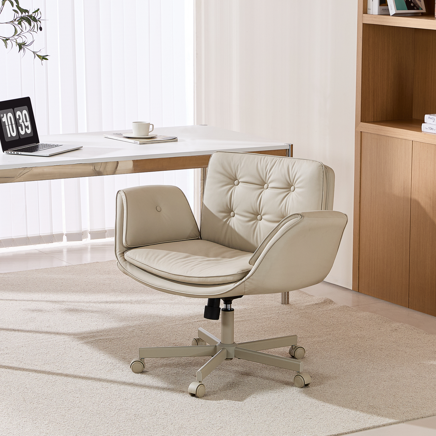 TMV Vanity Chair Oversized, Criss Cross Design Office Desk Chair - Big & Tall Computer Chair with Foldable Arms, Swivel and Wheels,Cream