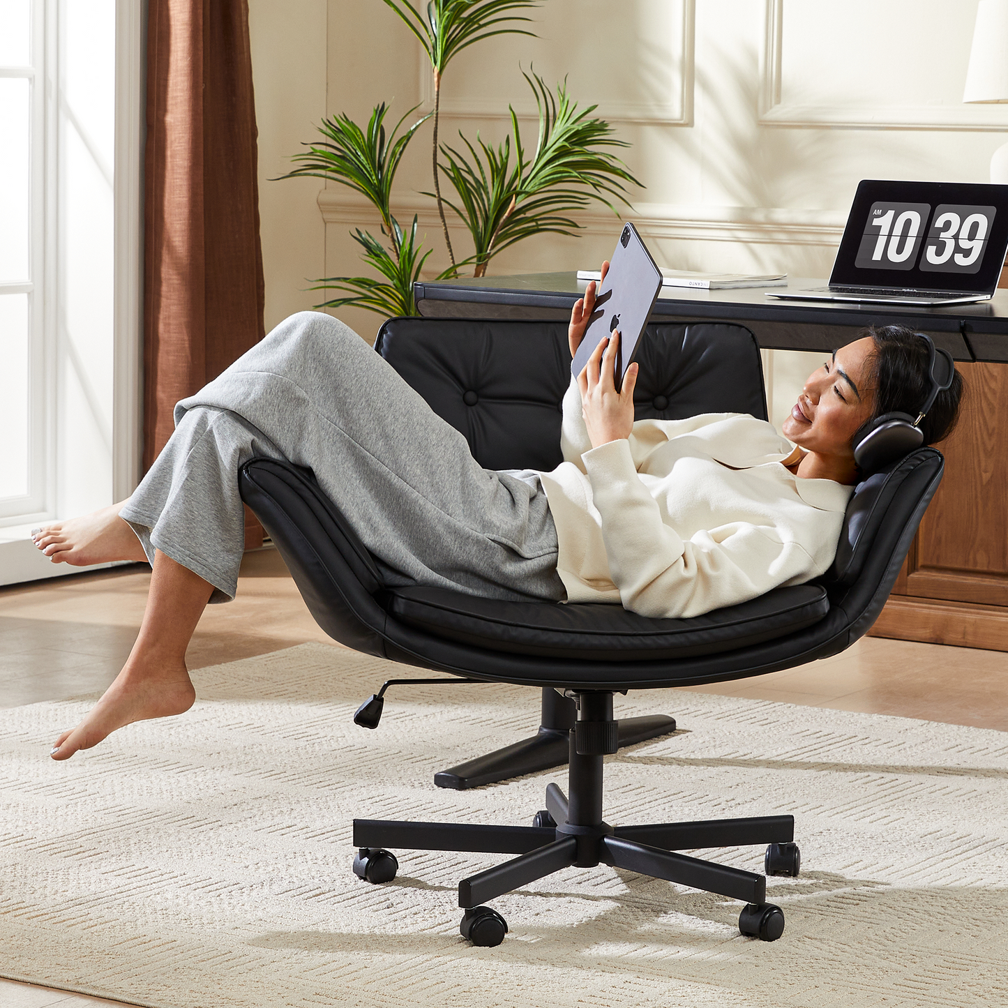 TMV Vanity Chair Oversized, Criss Cross Design Office Desk Chair - Big & Tall Computer Chair with Foldable Arms, Swivel and Wheels,Black