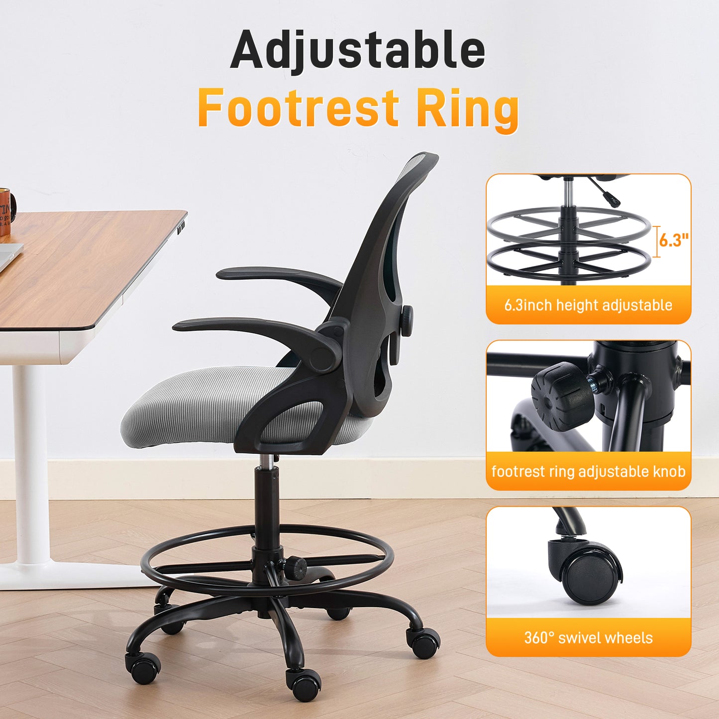 TMV Drafting Chairs Adjustable Height Desk Chair, Ergonomic Office Chair with Foot Rest, Computer Chair,Black-Gray