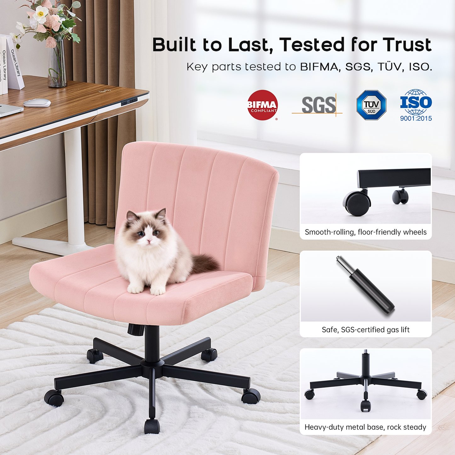 TMV Criss Cross Chair–Armless Office Chair, Fabric Padded Vanity Chair Computer Chair with Wheels, Wide Seat Swivel Desk Chair for Home Office，Pink