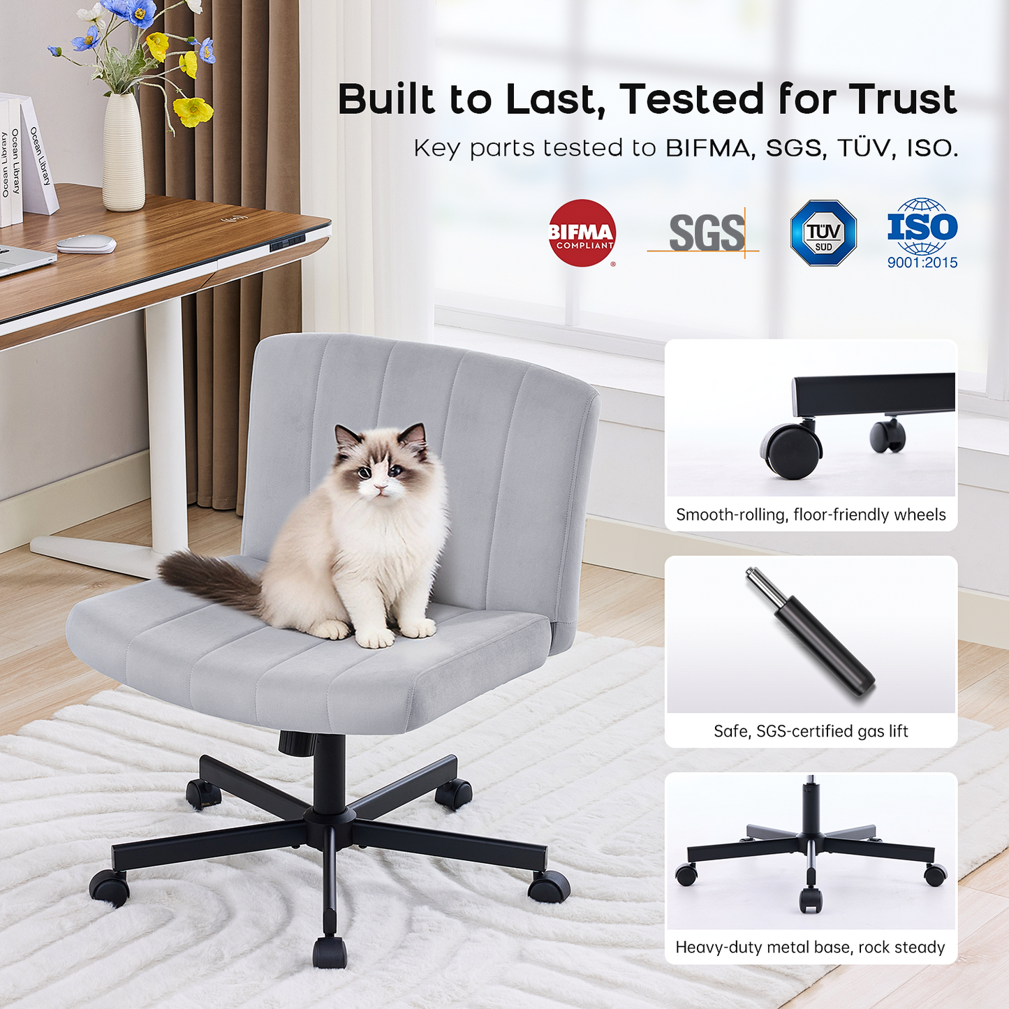 TMV Criss Cross Chair–Armless Office Chair, Fabric Padded Vanity Chair Computer Chair with Wheels, Wide Seat Swivel Desk Chair for Home Office,Gray