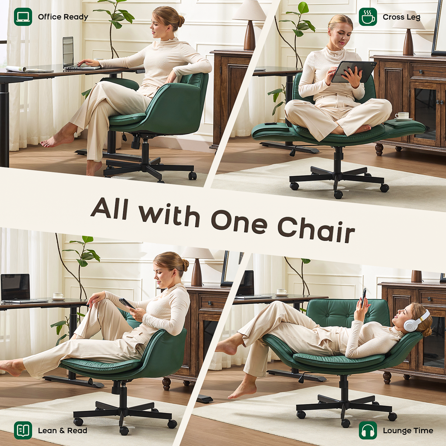 TMV Vanity Chair Oversized, Criss Cross Design Office Desk Chair - Big & Tall Computer Chair with Foldable Arms, Swivel and Wheels,Green