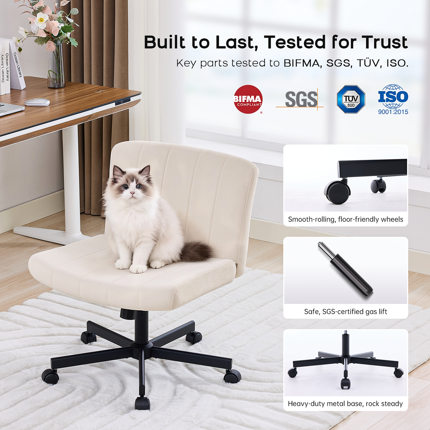 TMV Criss Cross Chair–Armless Office Chair, Fabric Padded Vanity Chair Computer Chair with Wheels, Wide Seat Swivel Desk Chair for Home Office，Cream
