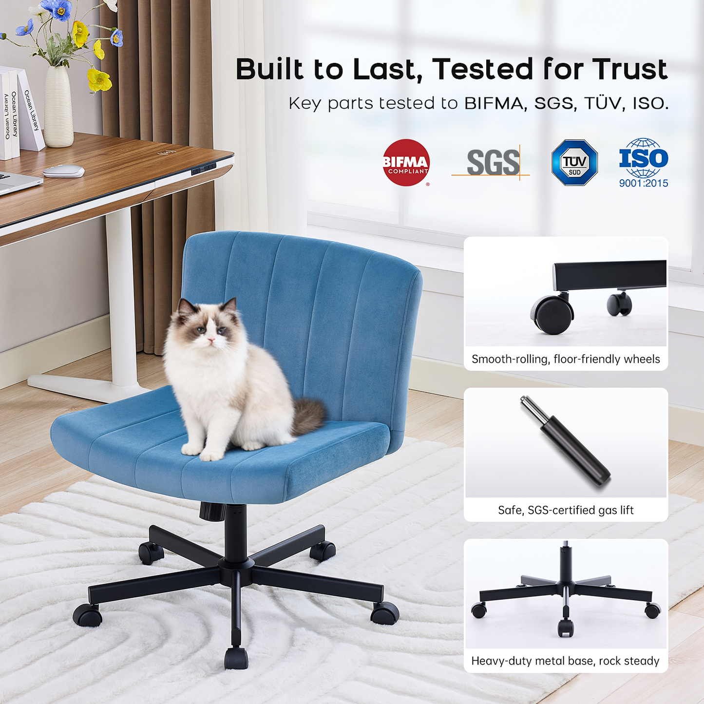 TMV Criss Cross Chair–Armless Office Chair, Fabric Padded Vanity Chair Computer Chair with Wheels, Wide Seat Swivel Desk Chair for Home Office，Navy Blue